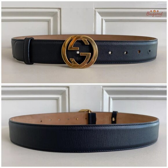 Authentic Gucci Black Calfskin Leather Gold Interlocking G Buckle Belt 80/32 - Picture 5 of 13